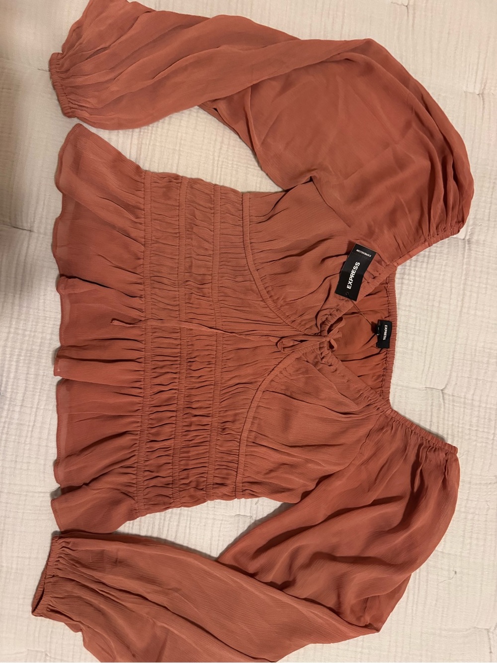 Express Rust Smocked Peplum Long Sleeve Blouse
